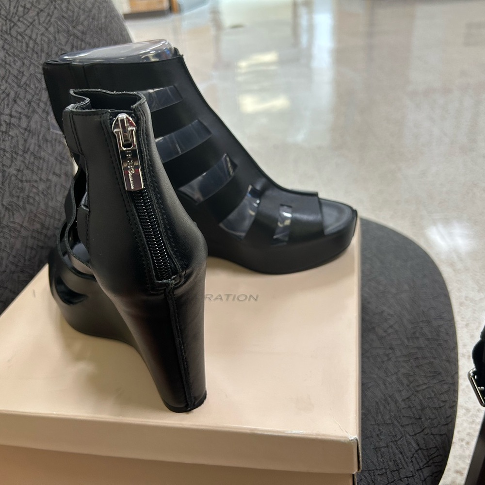 BCBG Black Strappy Wedge Heels